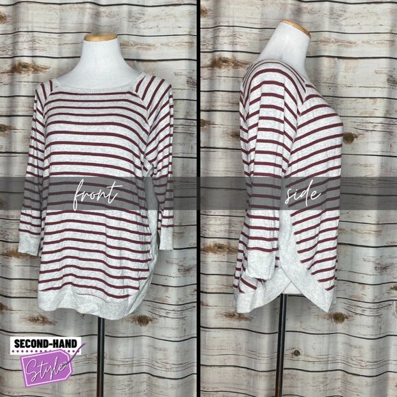 Rounded Hem Stripe Sweater with 3/4 Length Sleeves - Picture 1 of 1